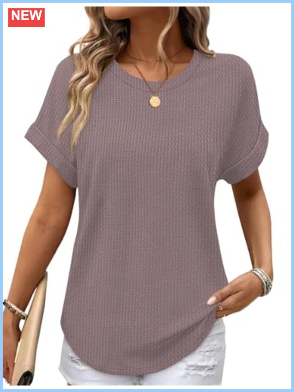 Waffle Knit Short Sleeve Shirts for Women Crew Neck Curved Hem Loose Fit Summer